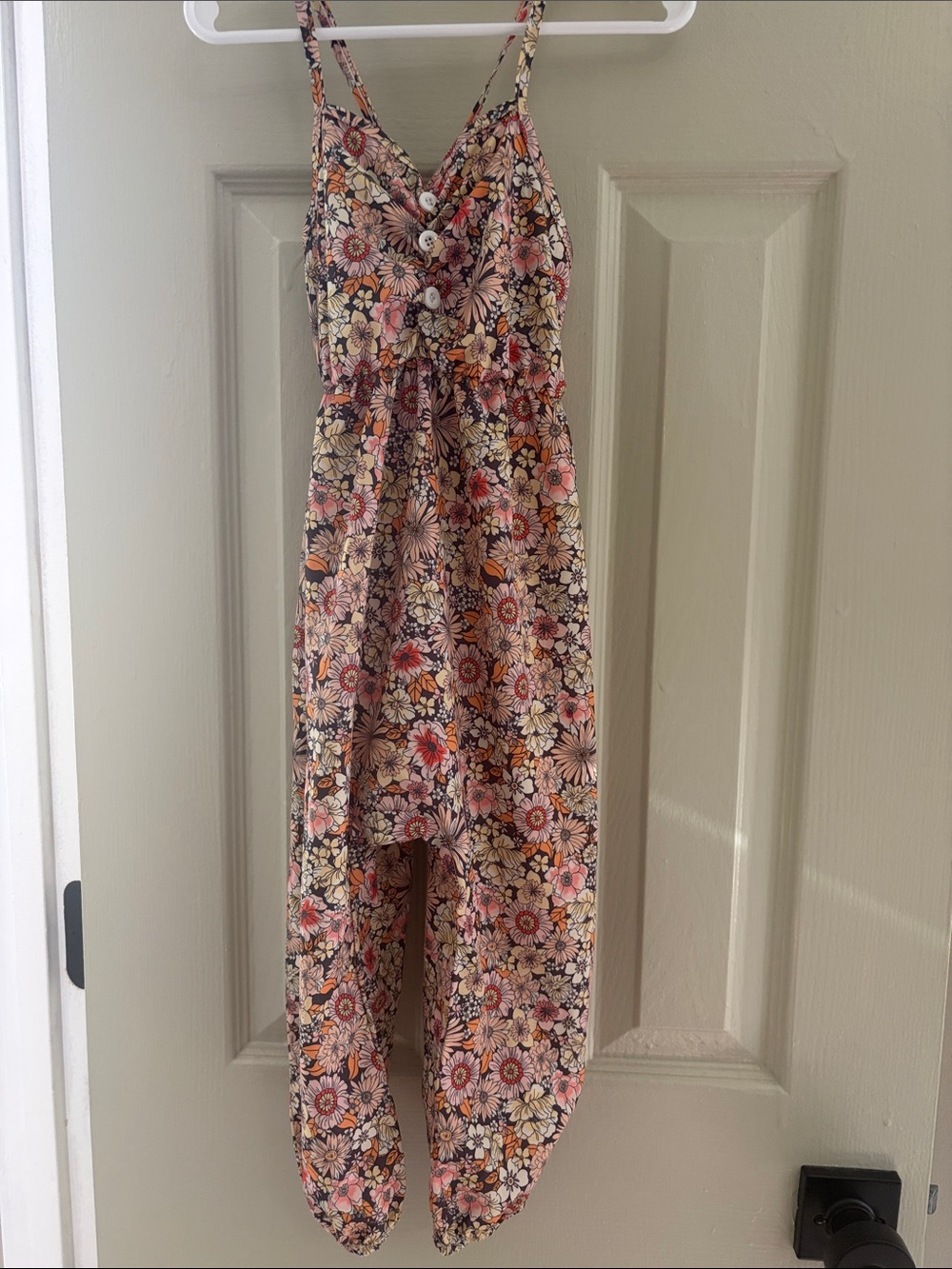 SHEIN Pink Orange Floral Kids Romper with Spaghetti Straps
